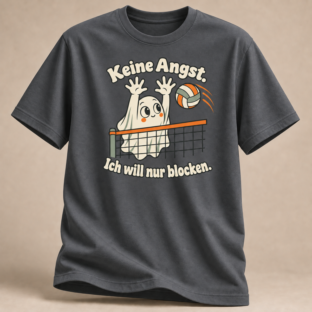 Frontansicht eines anthrazitfarbenen T-Shirts: Freundlicher Geist beim Volleyball-Block.