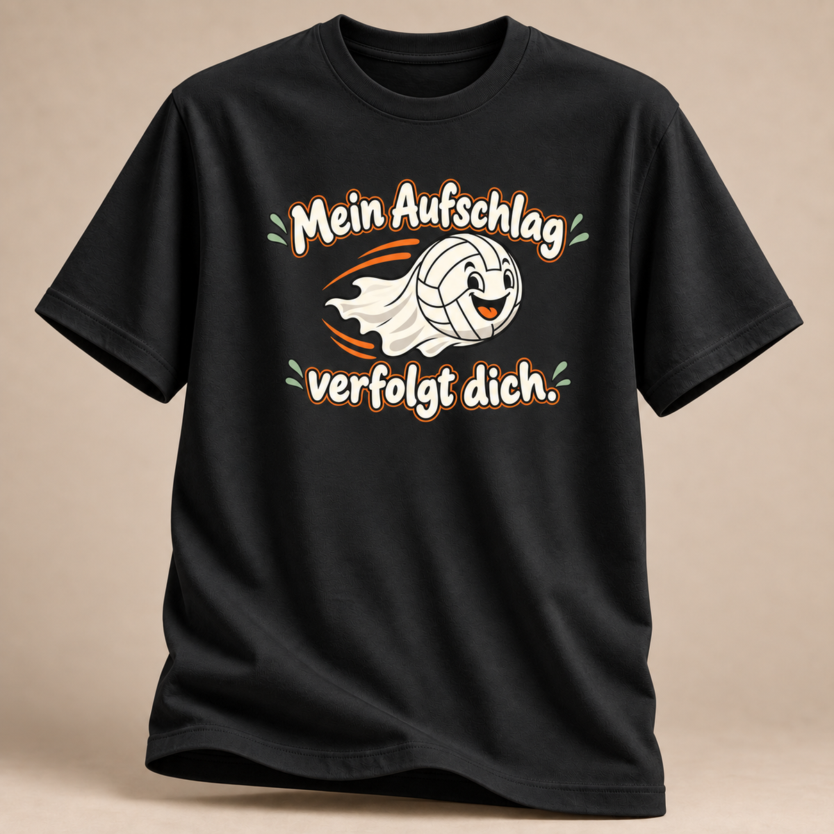 Frontansicht eines schwarzen T-Shirts: Geisterhafter Volleyball-Aufschlag im Halloween-Motiv.