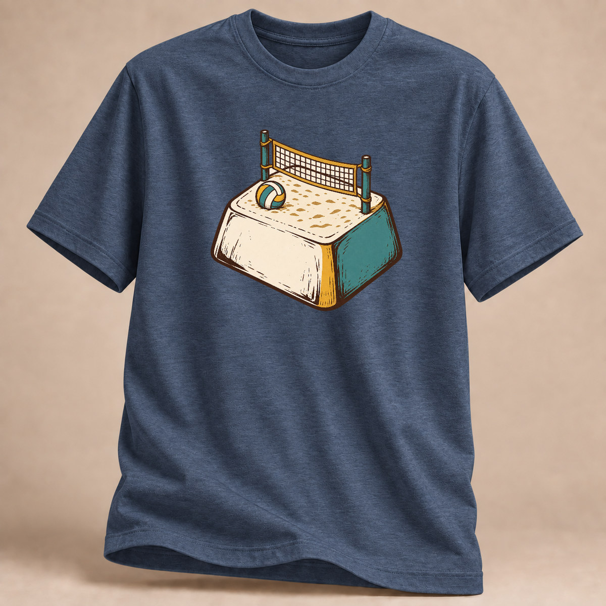 Volleyball T-Shirt mit Ball auf dem Bett – Mockup in Marineblau meliert