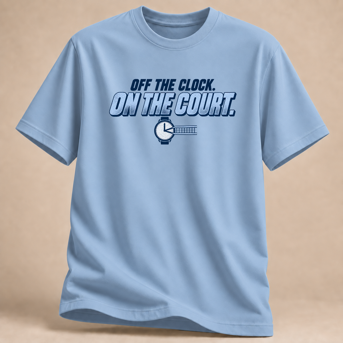 Off the Clock. On the Court. Volleyball T-Shirt – Mockup in Hellblau
