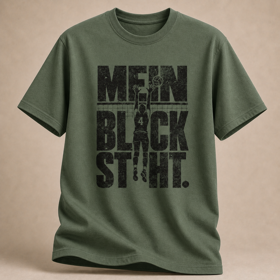 Olivgrün Volleyball-T-Shirt mit „MEIN BLOCK SHIT.“-Motiv
