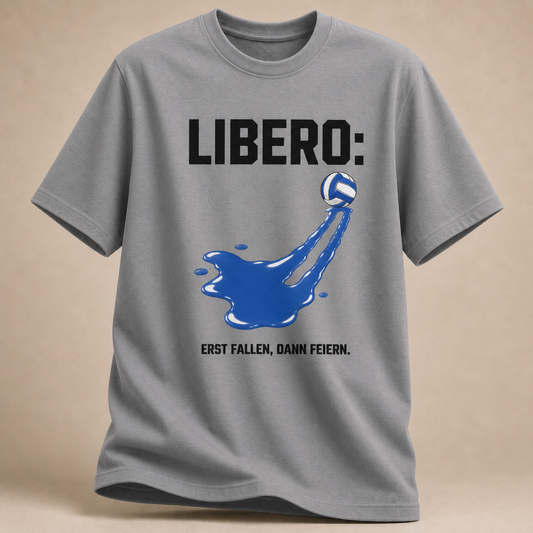 Sportgrau Libero-T-Shirt mit Volleyballspur und „Erst fallen, dann feiern.“-Motiv