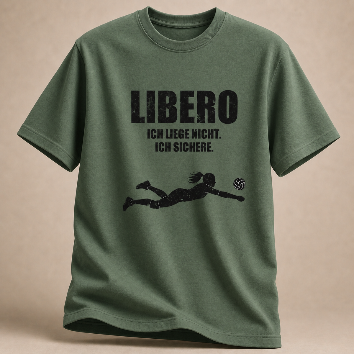 Olivgrün Libero-T-Shirt mit Hechtsprung und „Ich liege nicht. Ich sichere.“-Motiv
