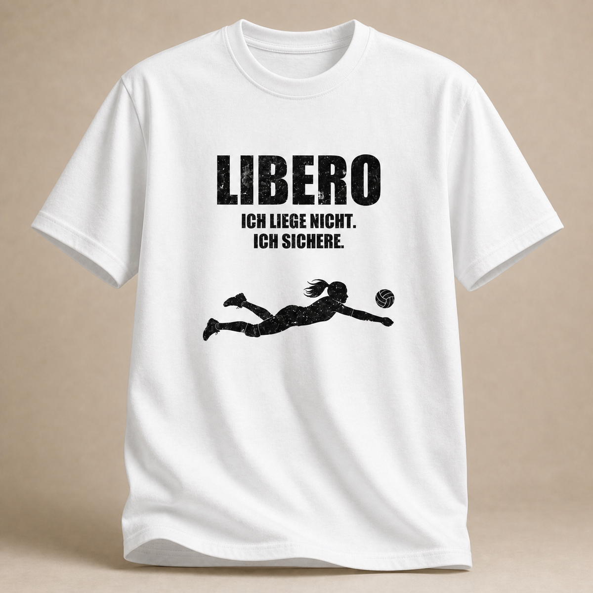 Weiß Libero-T-Shirt mit Hechtsprung und „Ich liege nicht. Ich sichere.“-Motiv