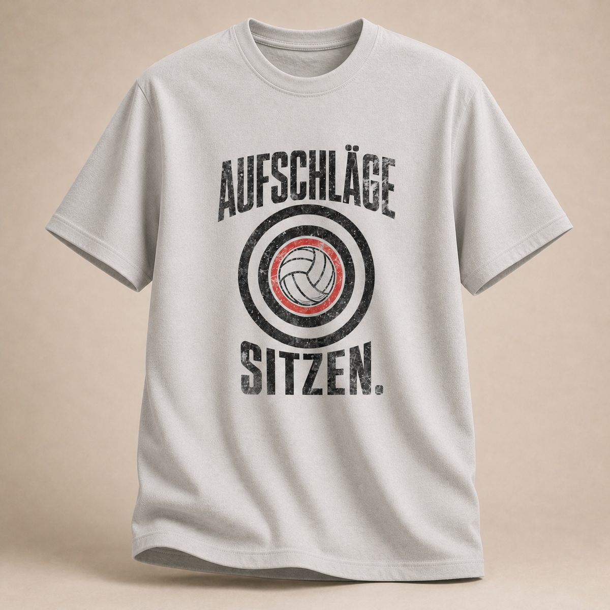 Eisgrau Retro-Volleyball-T-Shirt mit Zielscheibe und „Aufschläge sitzen.“-Motiv