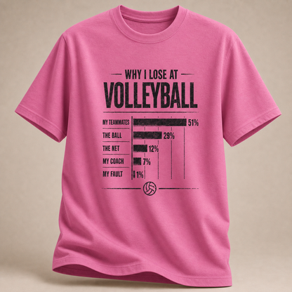 Azalea Volleyball-T-Shirt mit „Why I Lose at Volleyball“-Statistik