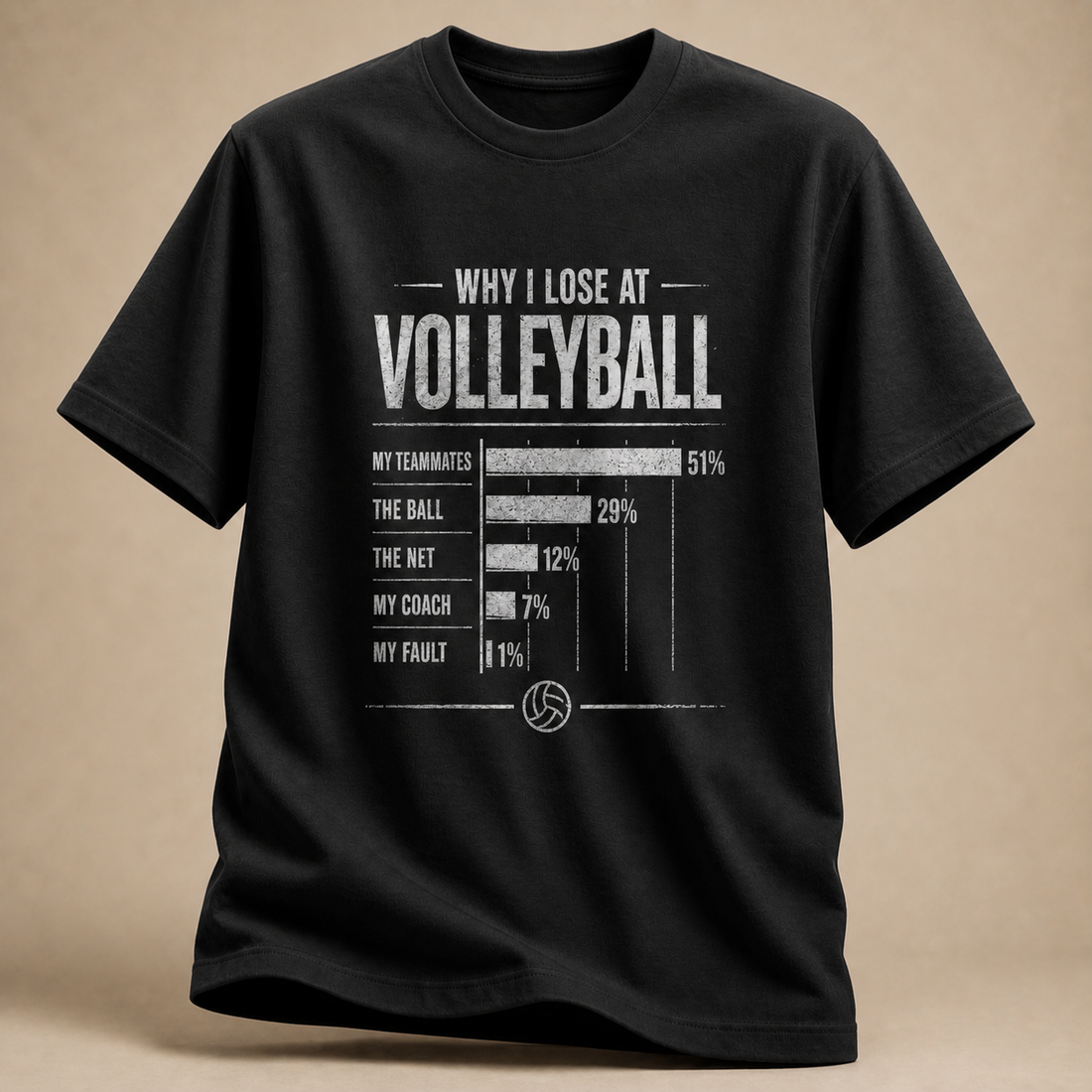 Schwarz Volleyball-T-Shirt mit „Why I Lose at Volleyball“-Statistik