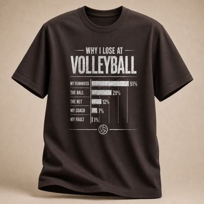 Dunkelbraun Volleyball-T-Shirt mit „Why I Lose at Volleyball“-Statistik
