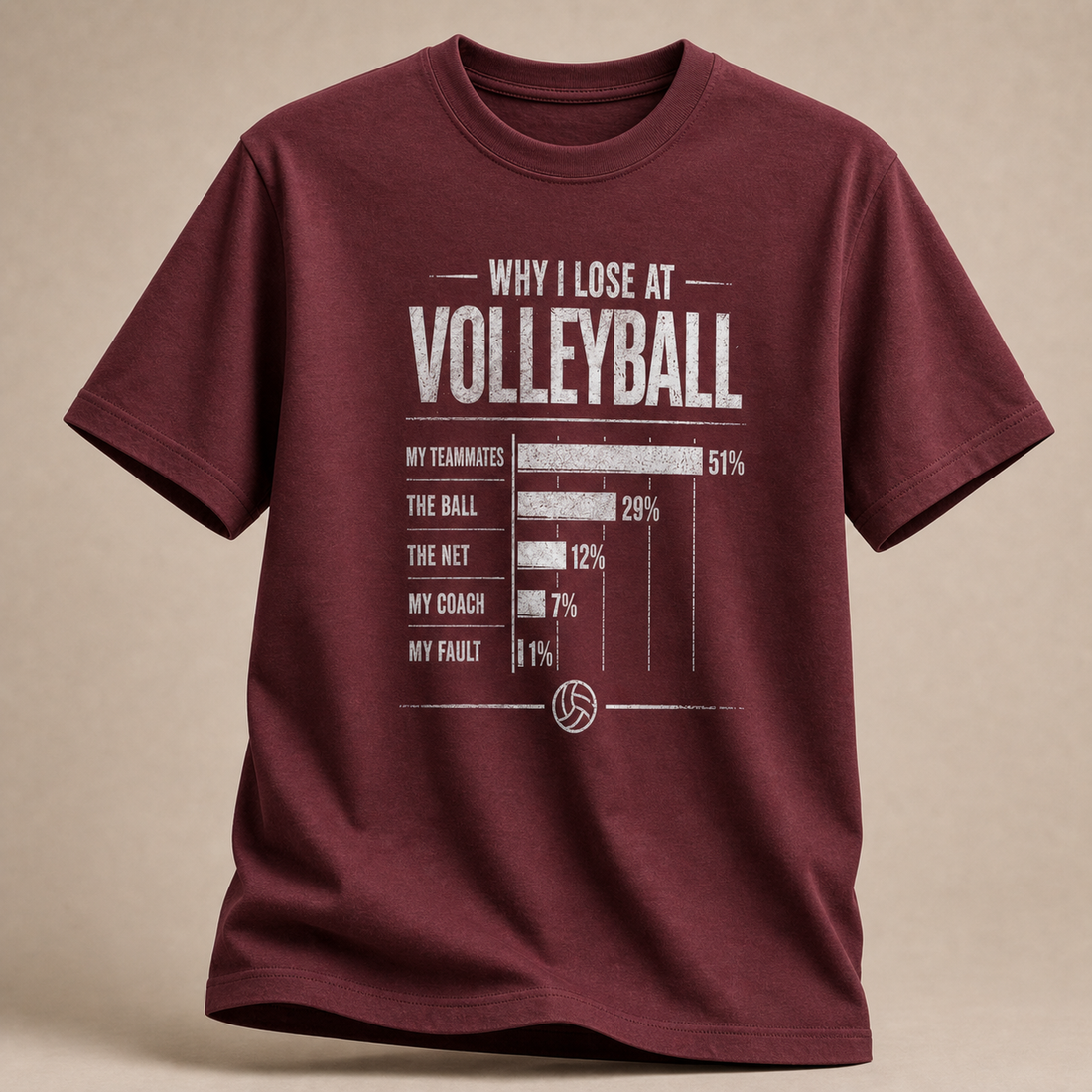 Maroon Volleyball-T-Shirt mit „Why I Lose at Volleyball“-Statistik
