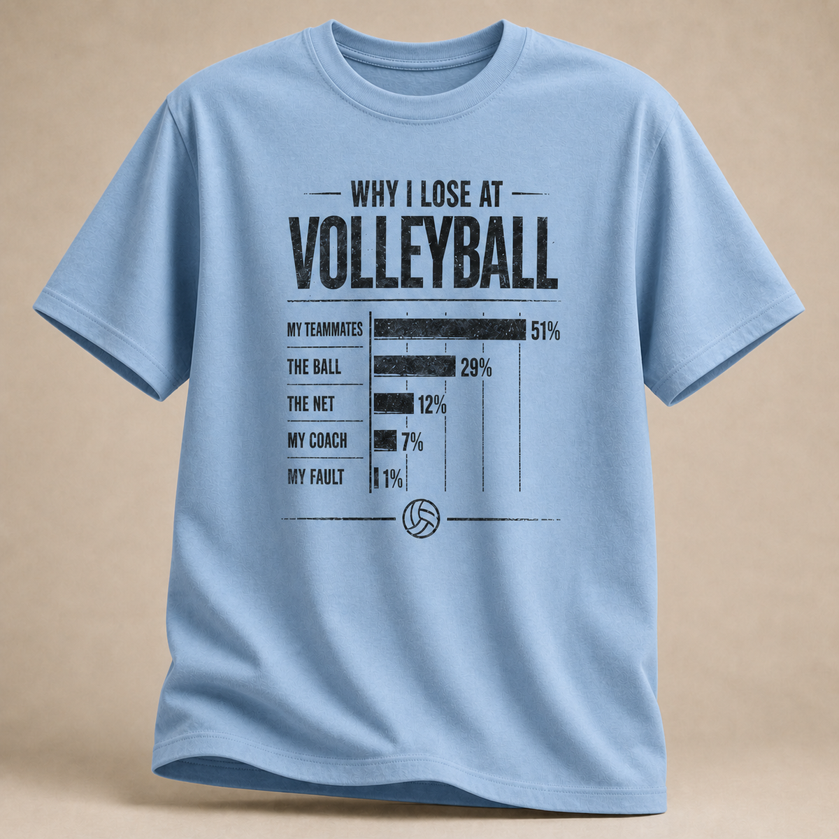 Hellblau Volleyball-T-Shirt mit „Why I Lose at Volleyball“-Statistik