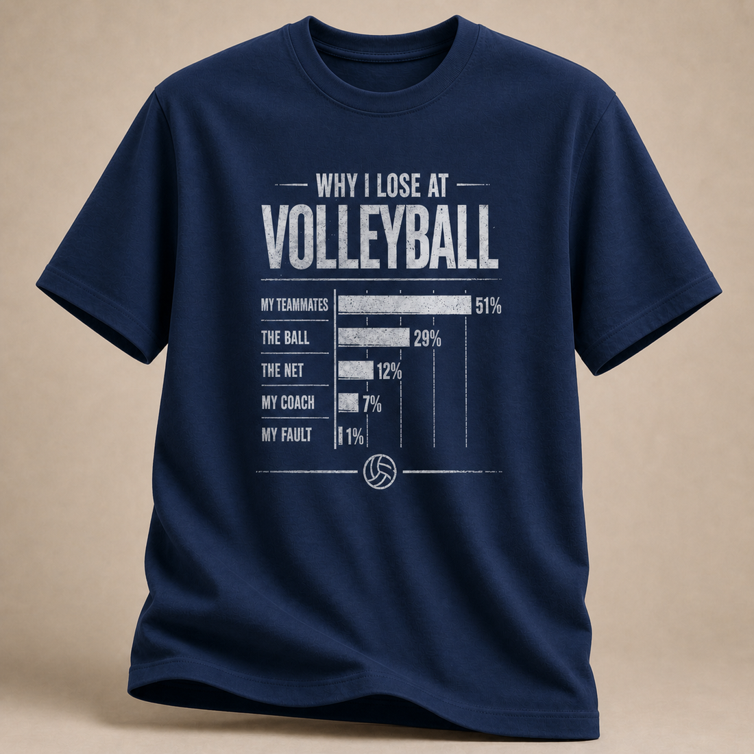 Marineblau Volleyball-T-Shirt mit „Why I Lose at Volleyball“-Statistik