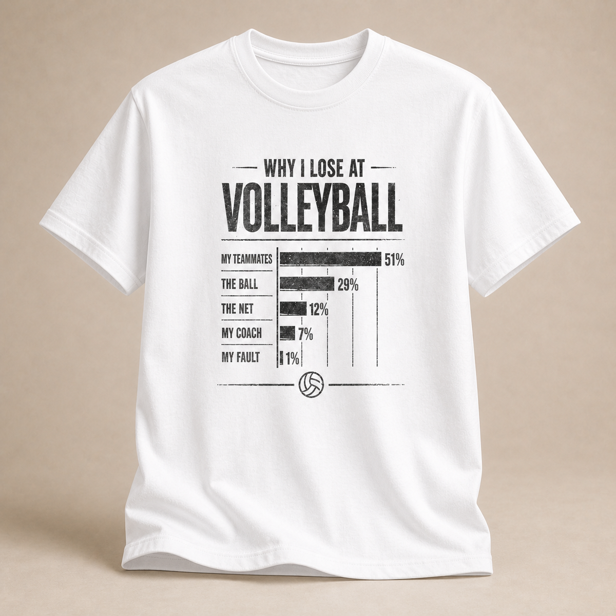 Weiß Volleyball-T-Shirt mit „Why I Lose at Volleyball“-Statistik