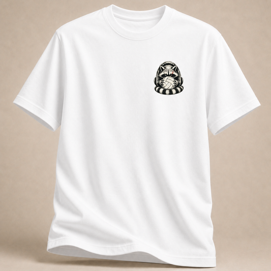Waschbär mit Volleyball als Brustprint auf weißem T-Shirt