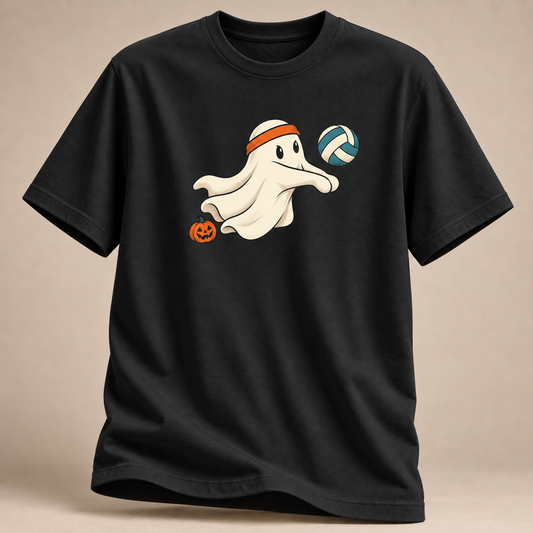 Frontansicht eines schwarzen T-Shirts: Volleyball-Geist mit Kürbis bei der Annahme im Halloween-Motiv.