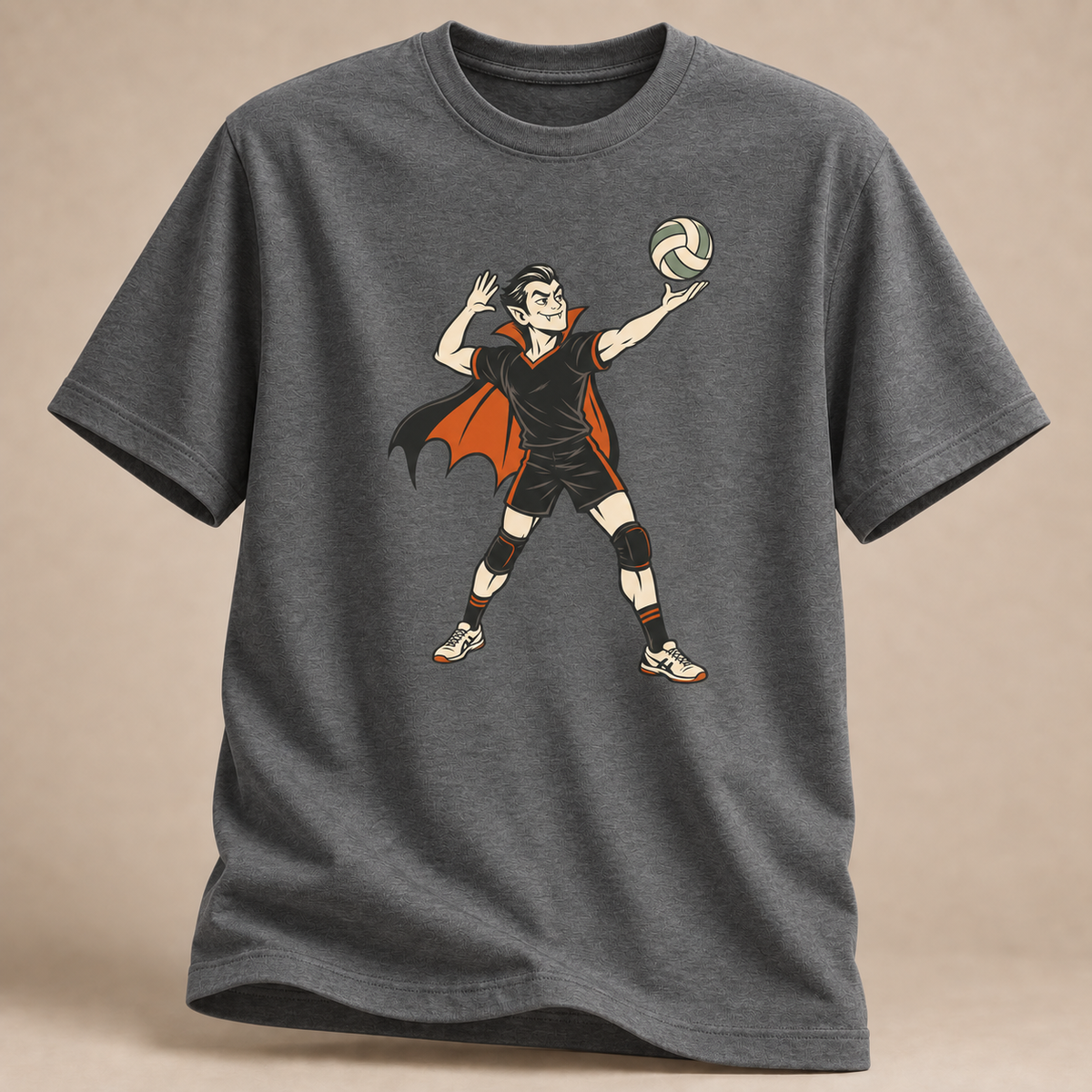 Frontansicht eines graphitfarbenen T-Shirts: Vampir beim Volleyball-Aufschlag im Halloween-Motiv.