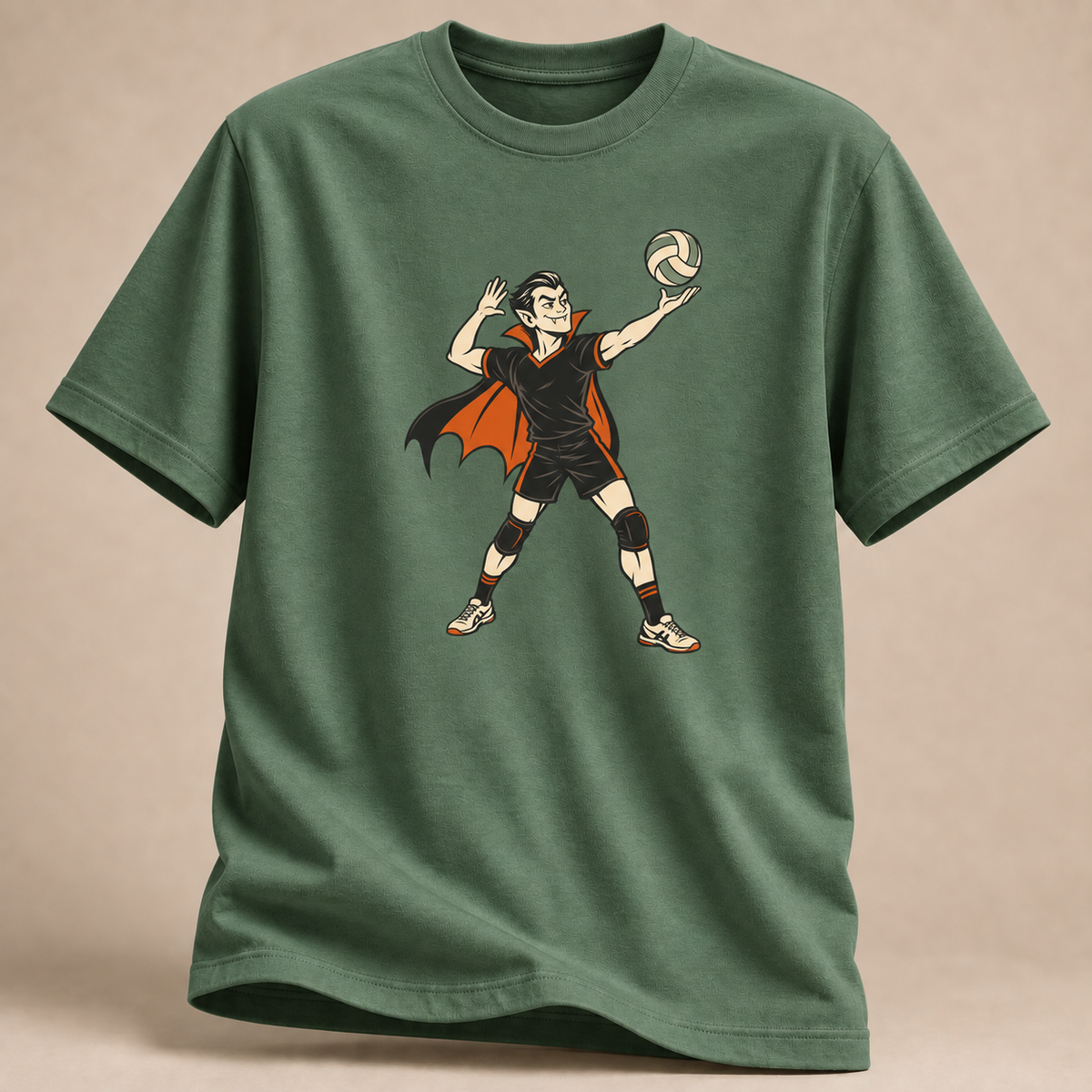 Frontansicht eines militärgrünen T-Shirts: Vampir beim Volleyball-Aufschlag im Halloween-Motiv.