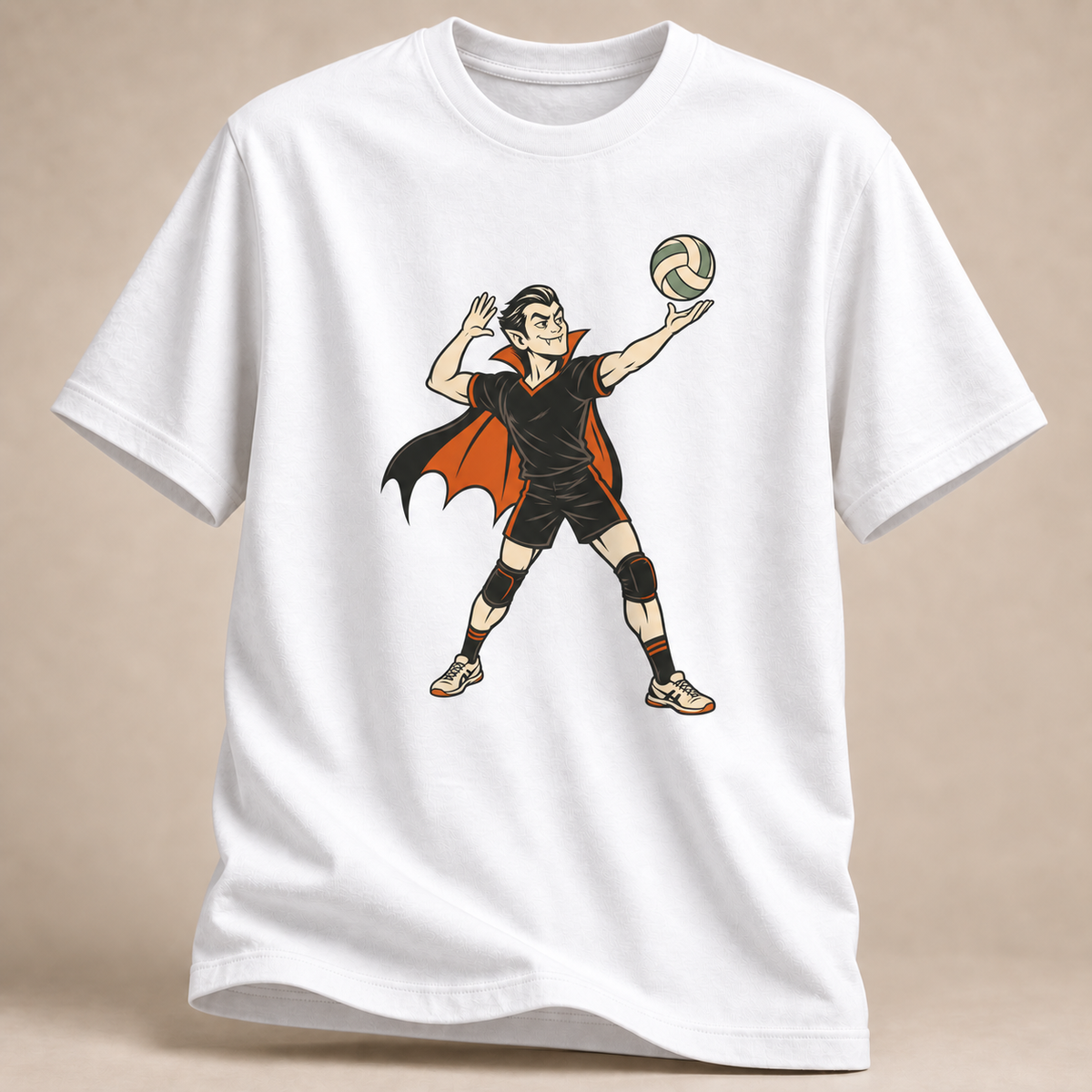 Frontansicht eines weißen T-Shirts: Vampir beim Volleyball-Aufschlag im Halloween-Motiv.