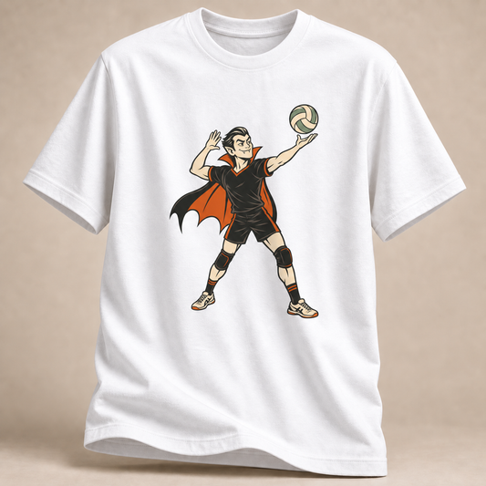 Frontansicht eines weißen T-Shirts: Vampir beim Volleyball-Aufschlag im Halloween-Motiv.