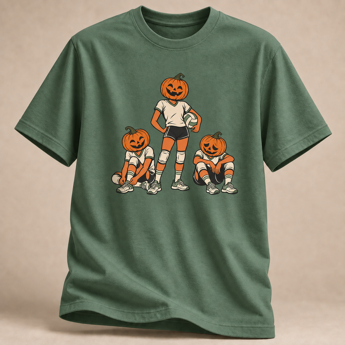 Frontansicht eines militärgrünen T-Shirts: Drei Kürbis-Volleyballspieler als Teammotiv.