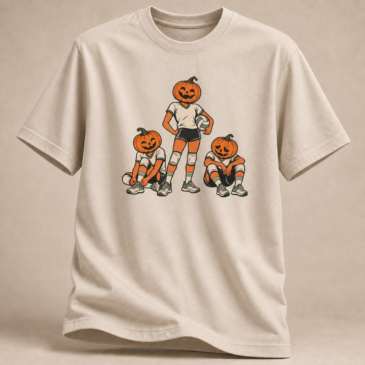 Frontansicht eines sandfarbenen T-Shirts: Drei Kürbis-Volleyballspieler als Teammotiv.