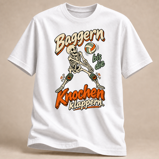 Frontansicht eines weißen T-Shirts: Skelett beim Baggern mit Volleyball im Halloween-Motiv.