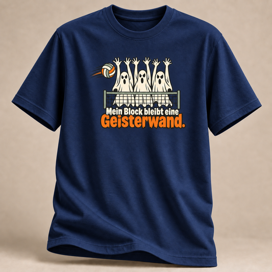 Frontansicht eines marineblauen T-Shirts: Drei Geister bilden eine Volleyball-Geisterwand.