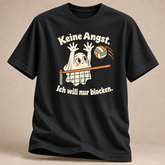 Frontansicht eines schwarzen T-Shirts: Freundlicher Geist beim Volleyball-Block.