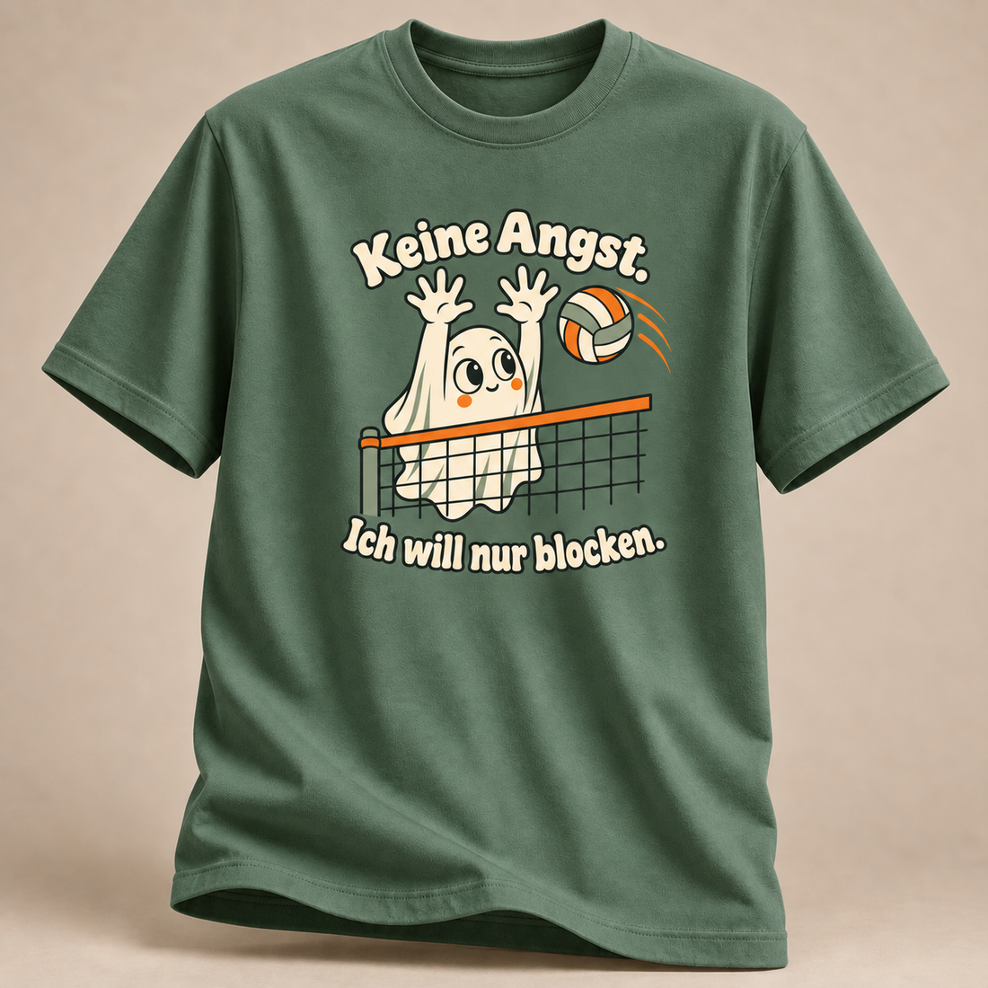 Frontansicht eines militärgrünen T-Shirts: Freundlicher Geist beim Volleyball-Block.