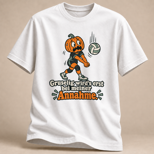 Frontansicht eines weißen T-Shirts: Gruseliger Volleyballspieler bei der Annahme.
