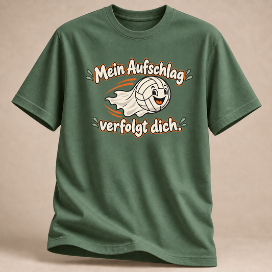 Frontansicht eines militärgrünen T-Shirts: Geisterhafter Volleyball-Aufschlag im Halloween-Motiv.