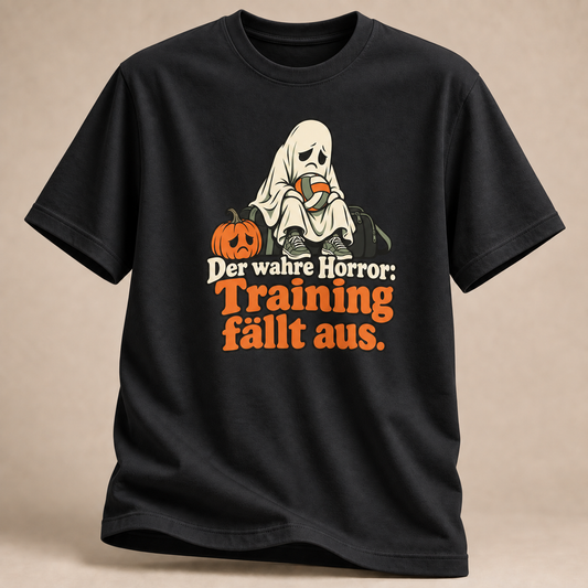 Frontansicht eines schwarzen T-Shirts: Trauriger Volleyball-Geist mit Ball und Sporttasche.
