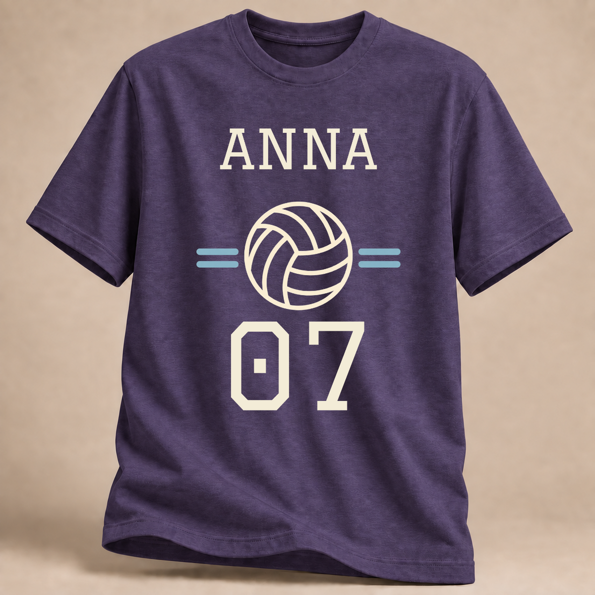 Personalisiertes Volleyball-T-Shirt mit Name & Nummer – Collegiate – Lila meliert