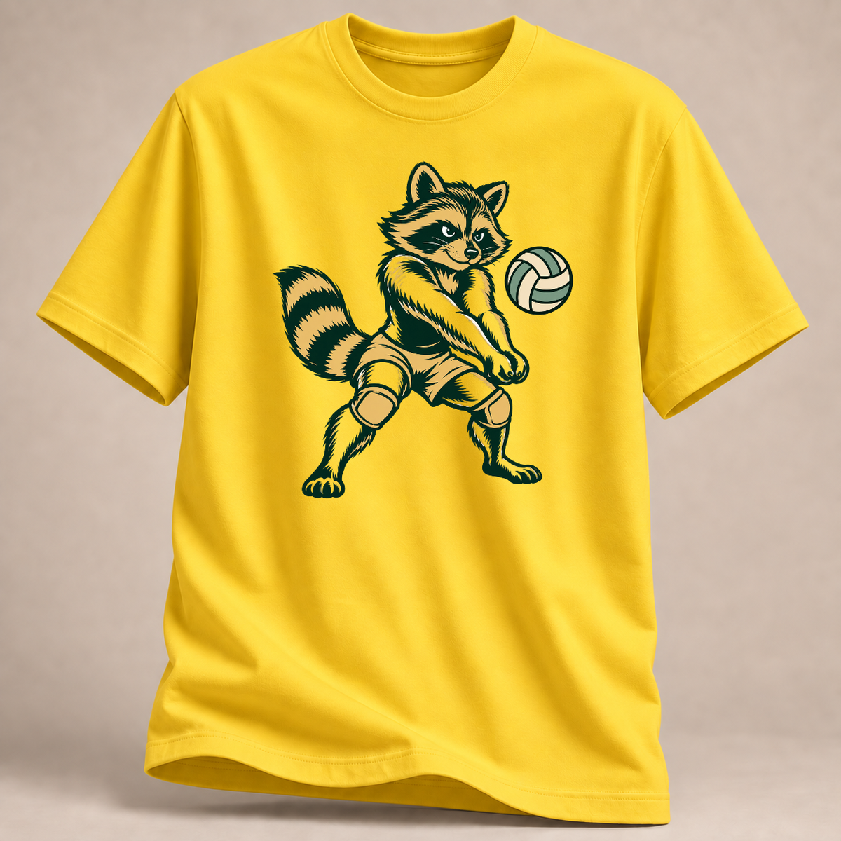Volleyball-Waschbär: Bereit fürs Spiel – T-Shirt – Gelb