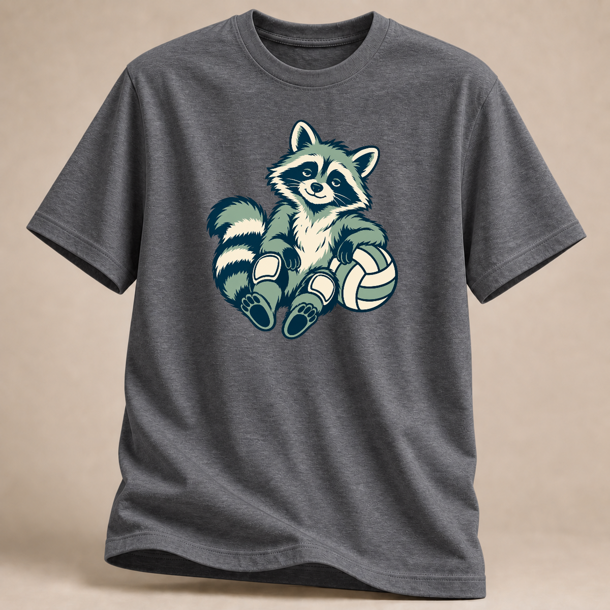 Volleyball-Waschbär: Spieltagspause – T-Shirt – Graphit meliert
