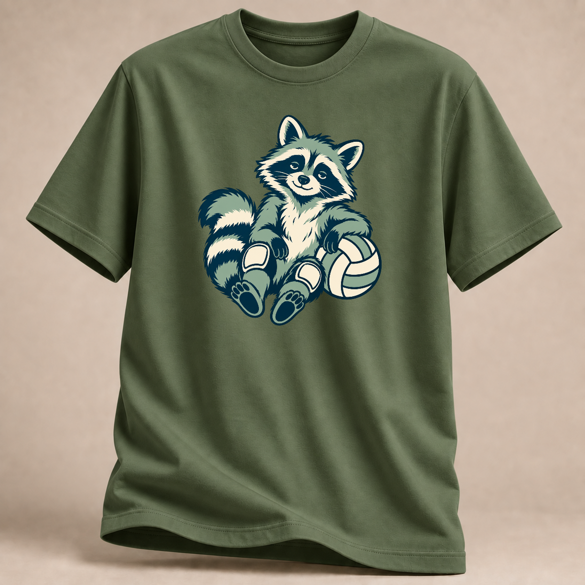 Volleyball-Waschbär: Spieltagspause – T-Shirt – Militärgrün