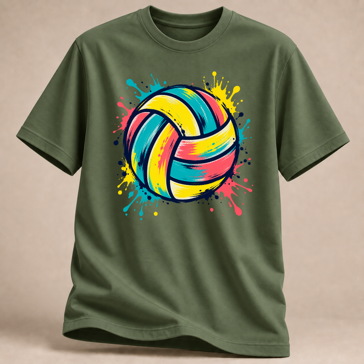 RÜCKRAUM – Bunter Farbball – Volleyball T-Shirt – Militärgrün