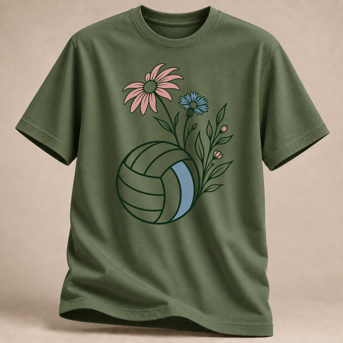 RÜCKRAUM – Volleyball-Blumen T-Shirt – Militärgrün