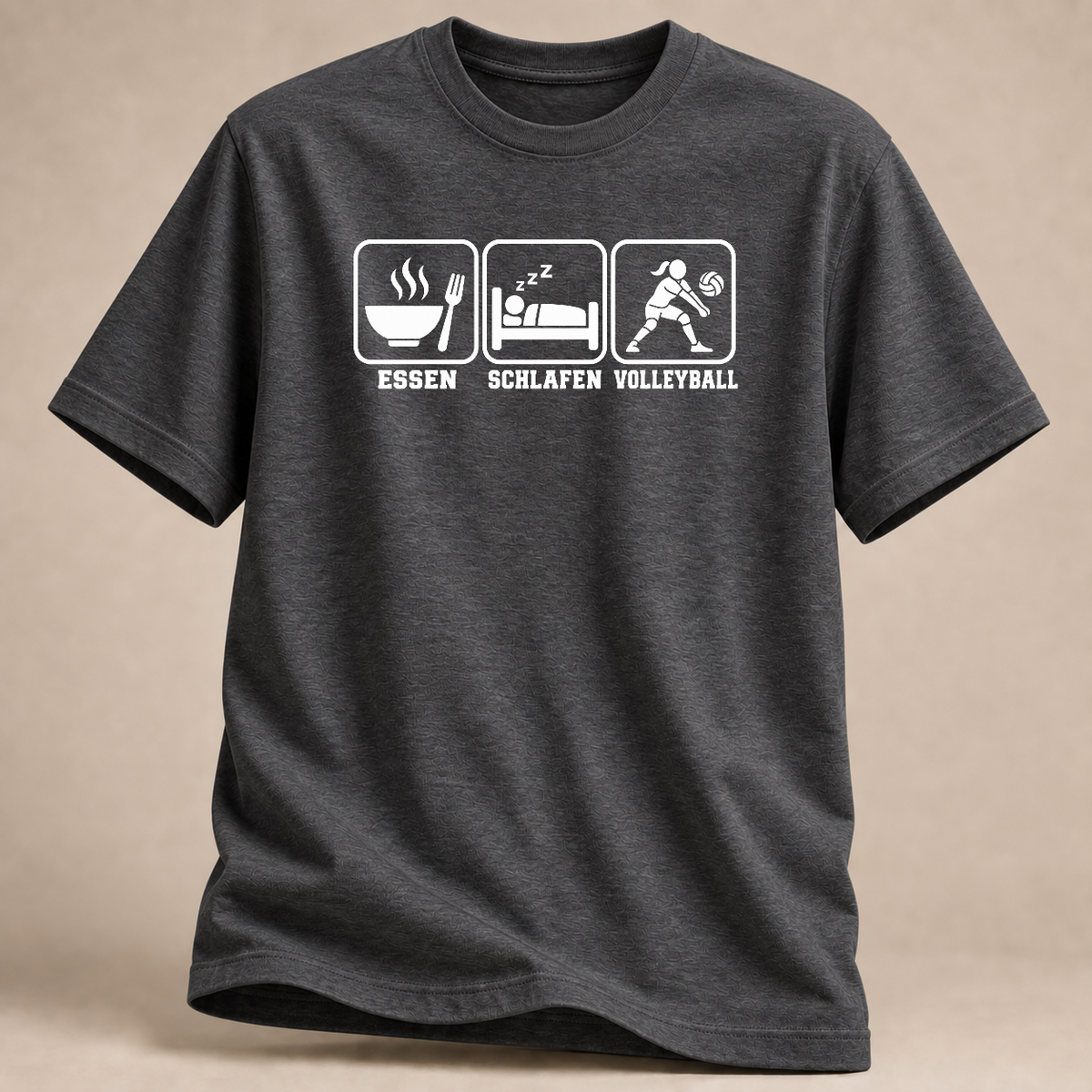 RÜCKRAUM – Essen Schlafen Volleyball T-Shirt – Dark Heather