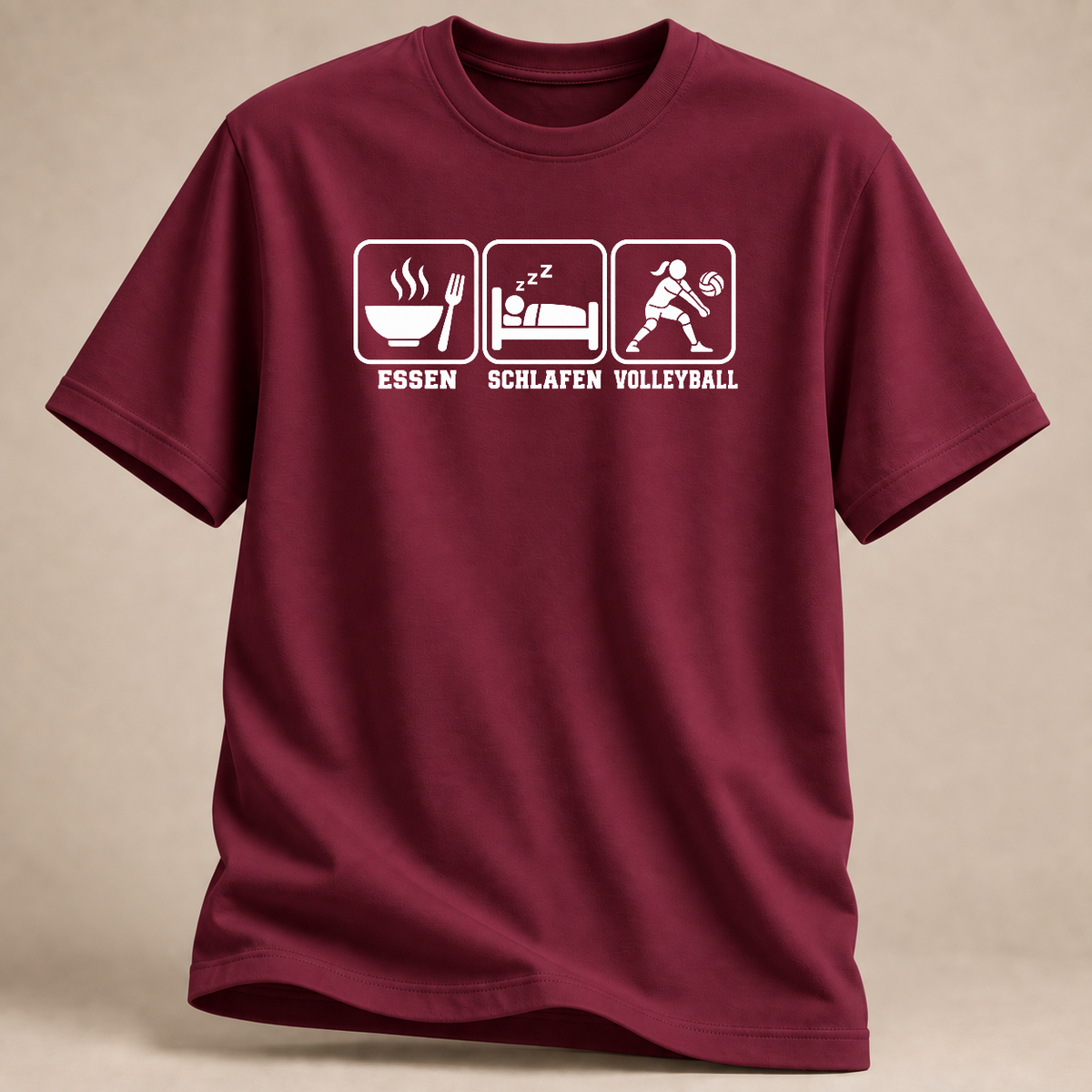 RÜCKRAUM – Essen Schlafen Volleyball T-Shirt – Maroon