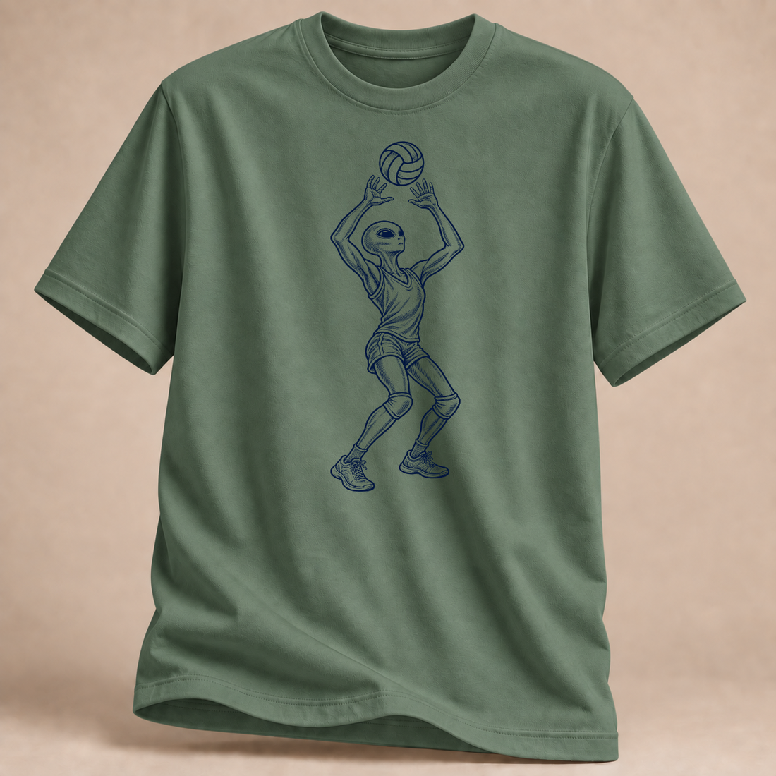 Alien-Zuspieler Volleyball T-Shirt – Mockup in Militärgrün