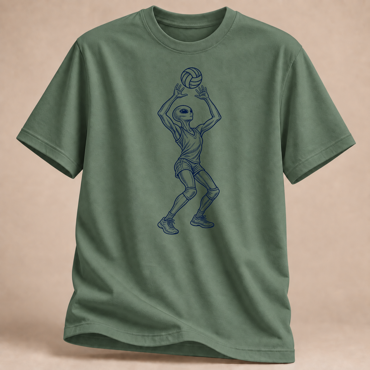 Alien-Zuspieler Volleyball T-Shirt – Mockup in Militärgrün