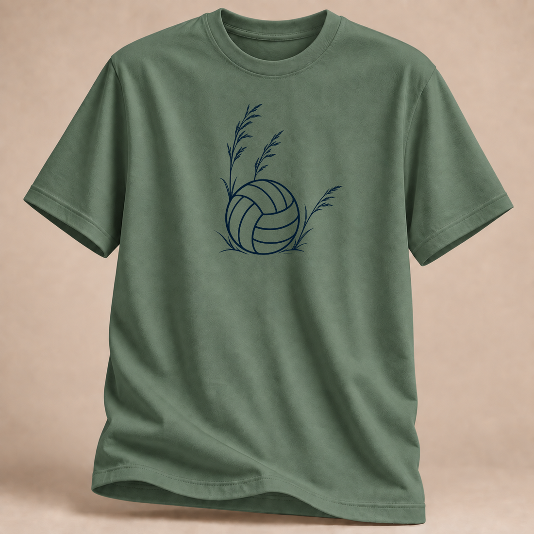 Botanisches Volleyball T-Shirt mit Blättern – Mockup in Militärgrün