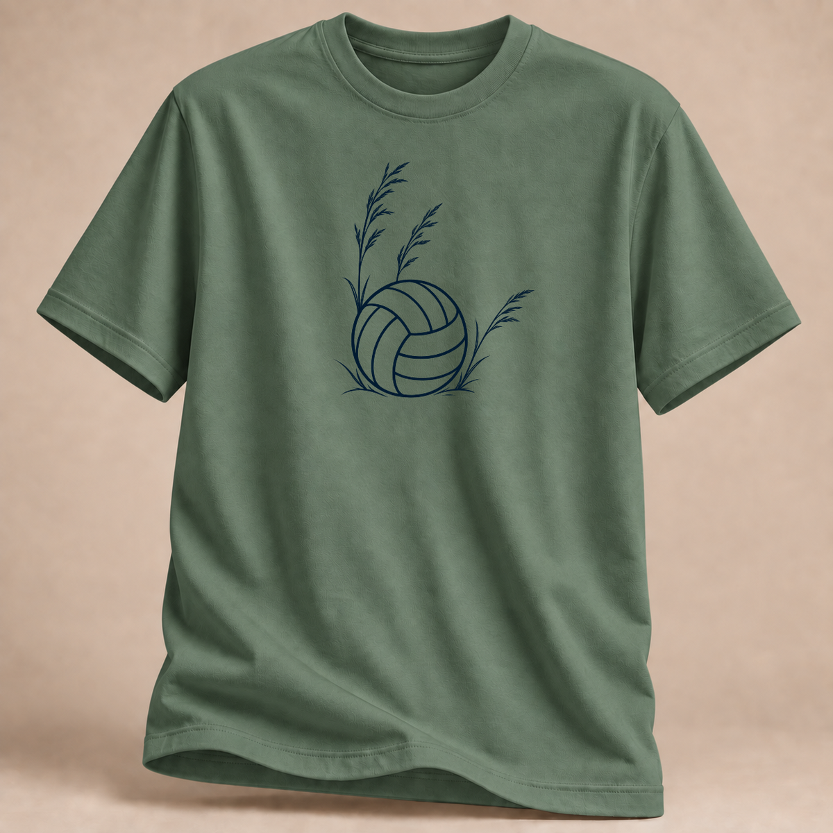 Botanisches Volleyball T-Shirt mit Blättern – Mockup in Militärgrün