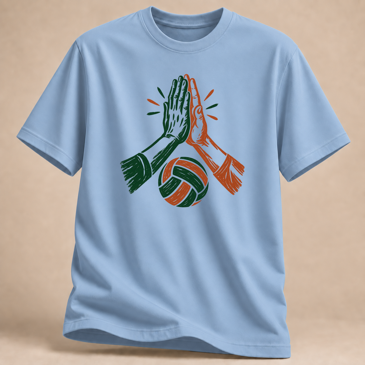 Katze und Volleyball T-Shirt – Mockup in Hellblau
