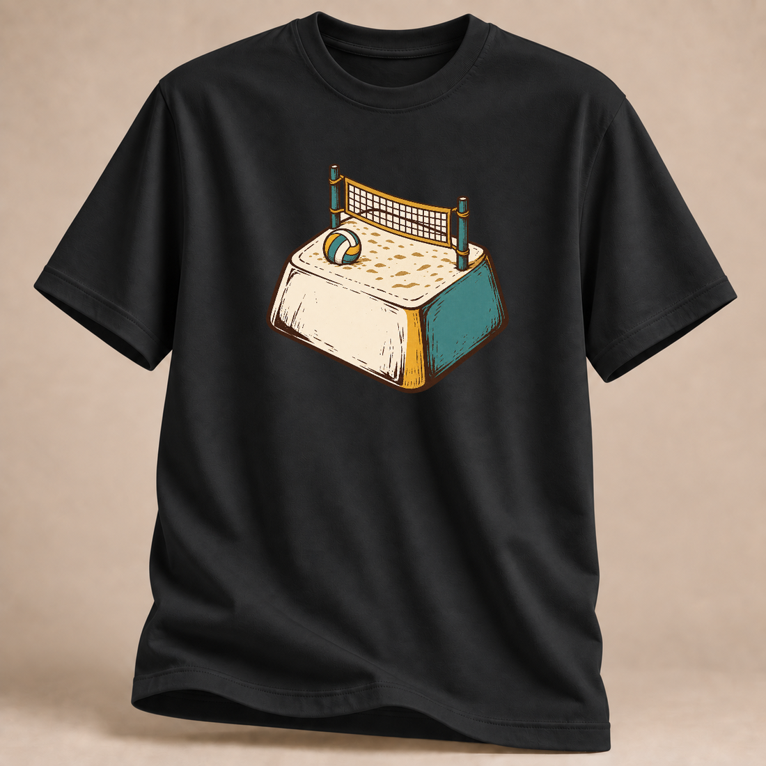 Volleyball T-Shirt mit Ball auf dem Bett – Mockup in Schwarz