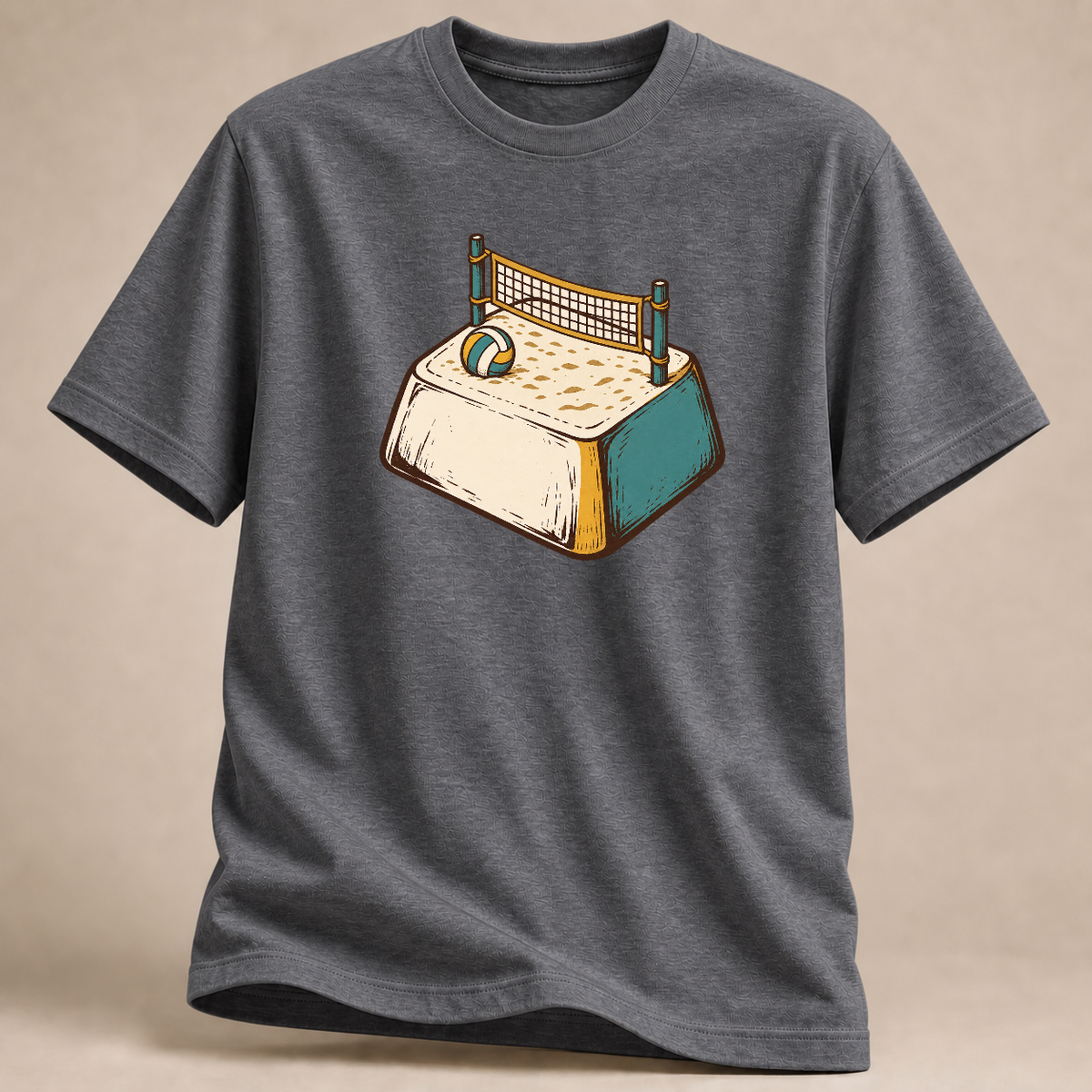Volleyball T-Shirt mit Ball auf dem Bett – Mockup in Graphit meliert