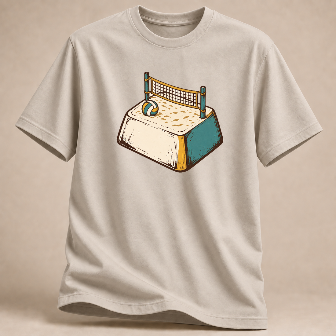 Volleyball T-Shirt mit Ball auf dem Bett – Mockup in Sand