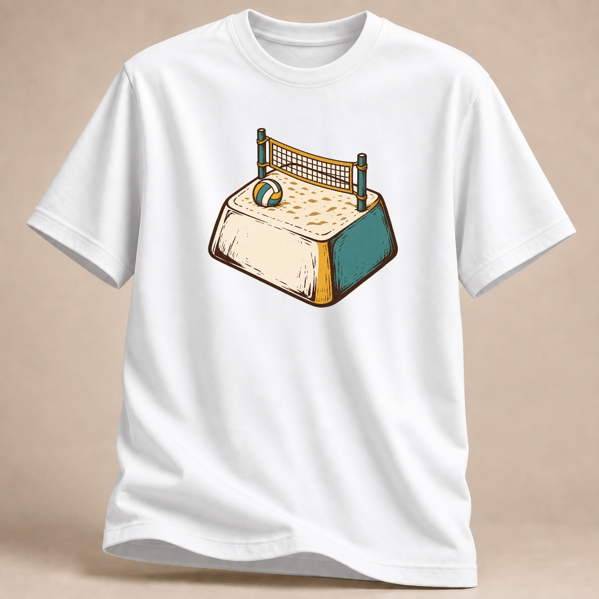 Volleyball T-Shirt mit Ball auf dem Bett – Mockup in Weiß