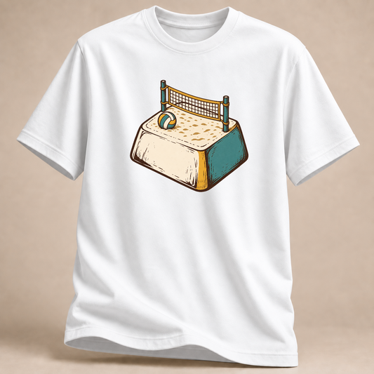 Volleyball T-Shirt mit Ball auf dem Bett – Mockup in Weiß