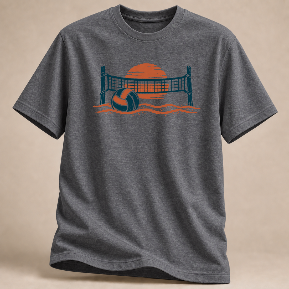 Beachvolleyball Sonnenuntergang T-Shirt – Mockup in Graphit meliert